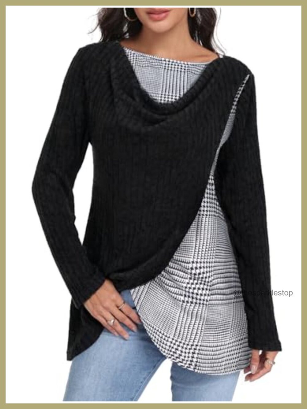 Women's Cowl Neck Tunic Sweater Long Sleeve Plaid Patchwork Pullover